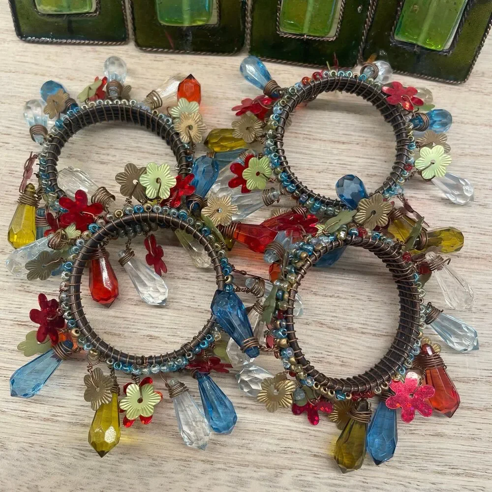 8 Green Glass Brass Floral Napkin Rings Set Pier 1 Vintage Boho Table Decor Lot